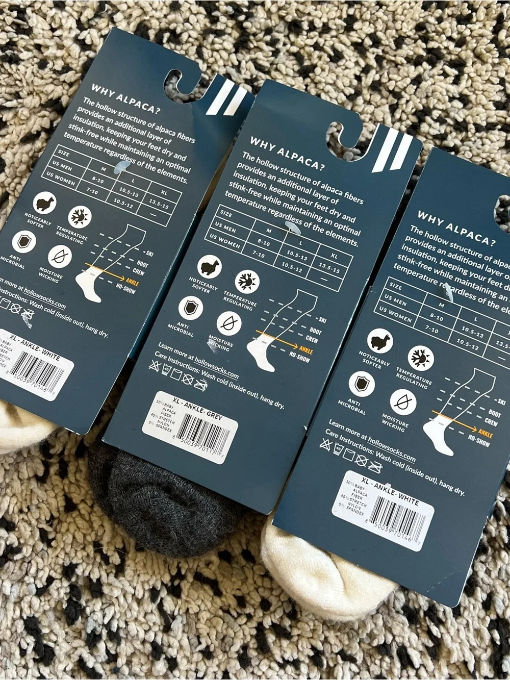 Hollow Alpaca Ankle Socks Lot of 3 Pair White Grey Size XL